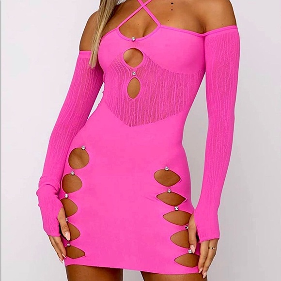 open lace back dress Pia Hot Pink Short-Sleeve Maxi Dress With Cut-Out – Club L London main image 0